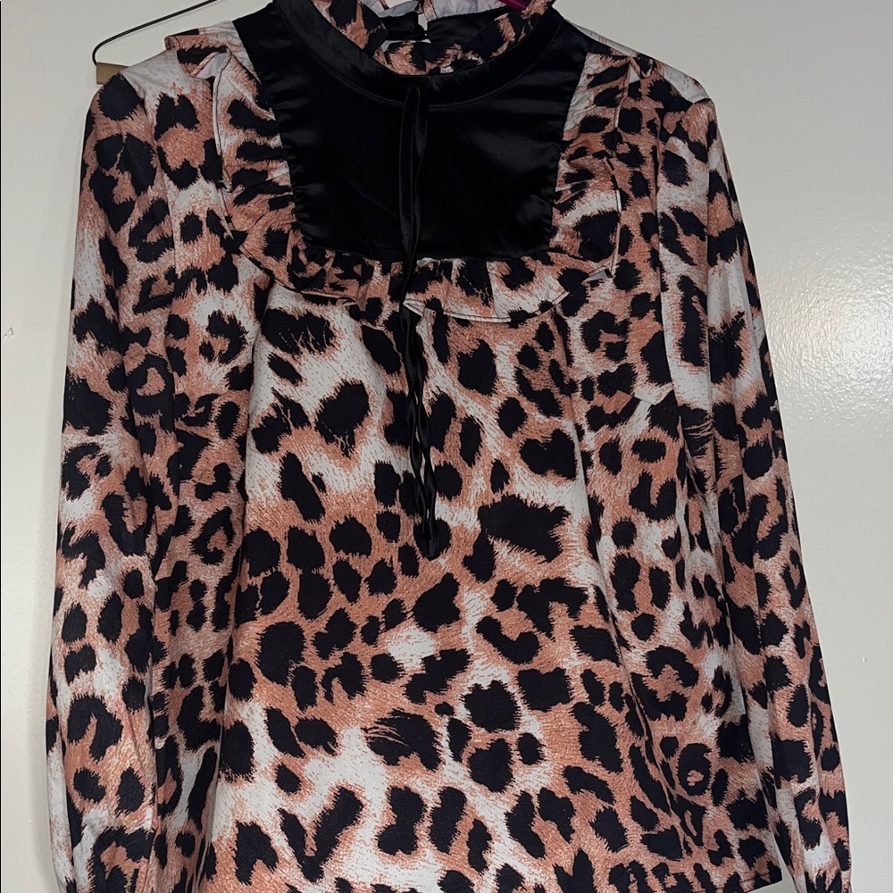 SHEIN Brown and Black Leopard Print Blouse with Satin Yoke